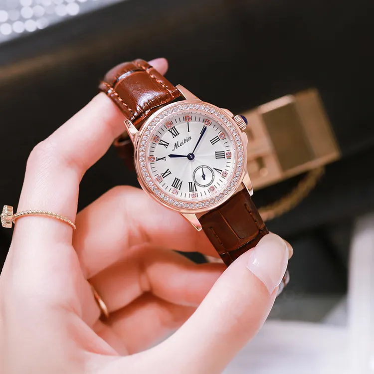 MEIBIN 1611 Watch Case Wholesale Cheap Diamond Womans Watches in Wristwatches Luxury Chinese Glass Waterproof Leather Alloy 2021