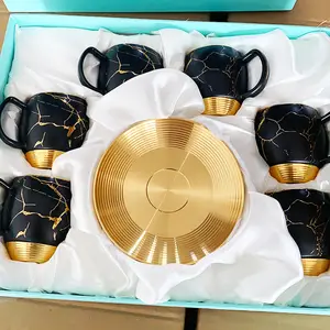 Promotional new year customized gold marbling decor tea cup and saucer sets espresso cups ceramic coffee luxury gift set