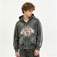 Sweat-shirt à capuche zippé gris délavé effet vieilli, style streetwear, motif CIRCUS 78, pour homme et unisexe, vente en gros