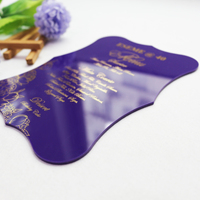 Invitación DE BODA acrílica púrpura lavanda elegante Invitación de quinceañera Tarjeta de menú acrílico irregular con lámina de oro
