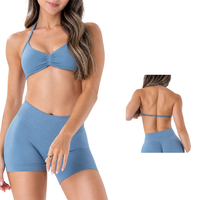 Pabrik OEM ODM Warna Baru 2pcs Bra Olahraga Wanita Model Solid Logo Depan Pinggang Sedang Bahan Nylon Spandex Lembut untuk Set Yoga Fitness