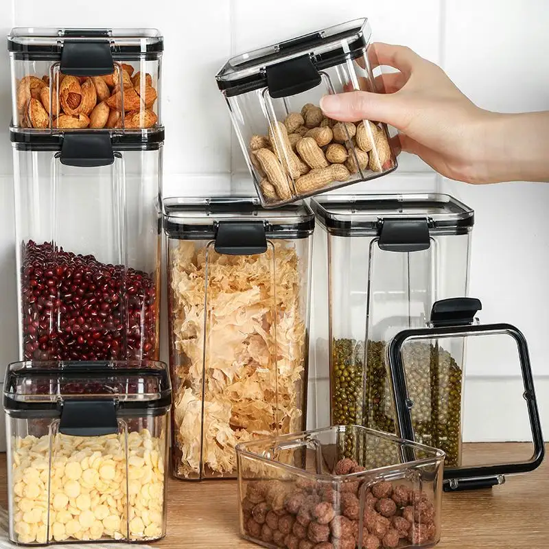 PET Airtight Food Storage Containers Plastic Cereal Containers with Easy Buckle Lids Kitchen Pantry Organizer Storage Containers