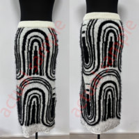 Jupe mi-longue en tricot texturé noir et blanc pour femme, style rétro abstrait géométrique, taille haute, effet duveteux, franges esthétiques