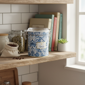Kontensan ER0826K Azulejo-Inspired <b>Blue</b> White Decorative Pattern Metal <b>Storage</b> <b>Box</b> Wire Clasp Transparent Lid Iron Ball - Product Image 3