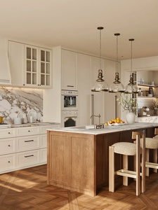 Mobili da Cucina Commerciali HAIYUE Stile Francese, Serie Crema e Isola in Noce, Antigraffio, Effetto Pietra Unificata, Fornitura all'Ingrosso per Progetti di Ospitalità - Product Image 1