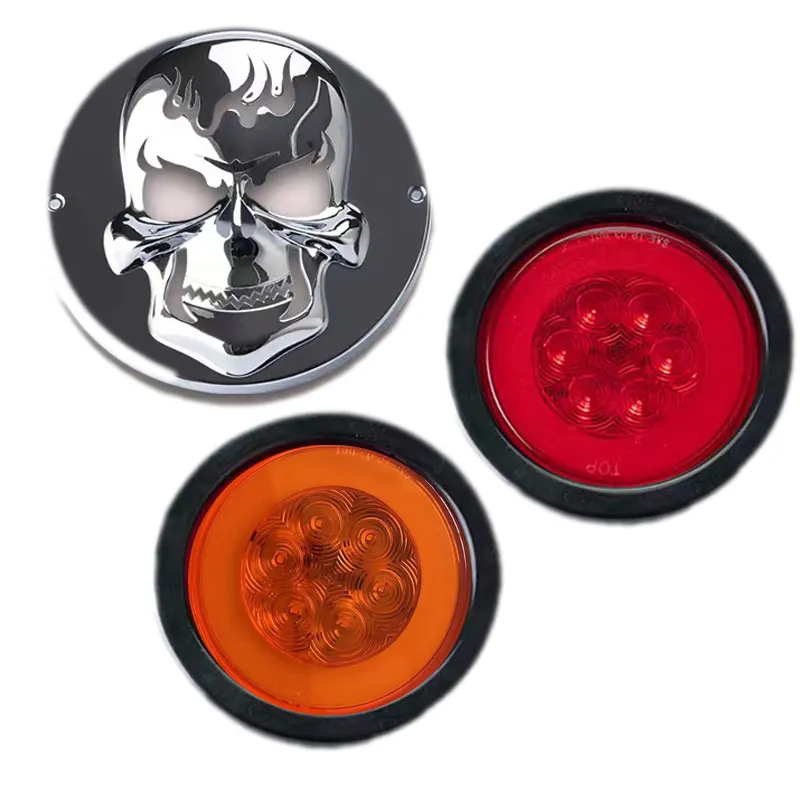 Truck trailer Strobe Red Amber 6 LED Round 4 inch Flash Turn Tail Lamp with Skull Cover Rear Brake Light 4" led para Camiones