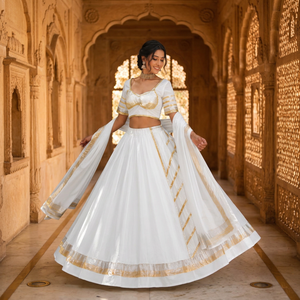 Elegante Lehenga Choli Blanco de Diseñador con Dupatta con Borde Metálico Dorado para Eventos Festivos y Bodas - Product Image 1