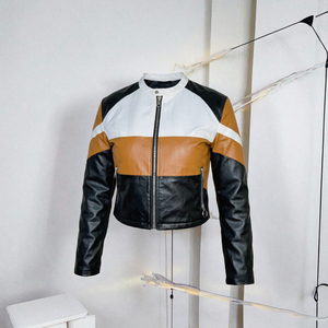 <b>Women</b> PU Leather Autumn Short Motorcycle <b>Jacket</b> Color Block Stand Collar Zipper Cropped Letter White <b>Tan</b> Black - Product Image 2
