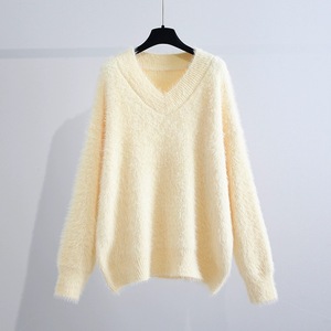 Dalang Sweater Factory Pull en maille ample à col en V pour femme, Automne Hiver, Couleur unie, Anti-boulochage, Jaune Rose Blanc - Product Image 2