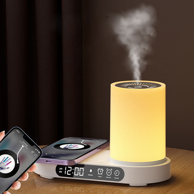 Air Humidifier Diffuser Aroma Bedroom Lamp Charger Smart Alarm Clock LED Night Light Wireless White Noise Clock Phone Charging