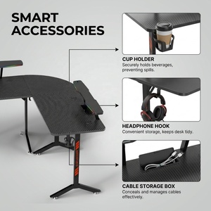 Bureau de jeu moderne AOR en fibre de carbone pour <span class=keywords><strong>PC</strong></span> de bureau, <span class=keywords><strong>avec</strong></span> plateau en métal et ABS, éclairage RGB, porte-gobelet et support pour casque - Product Image 3