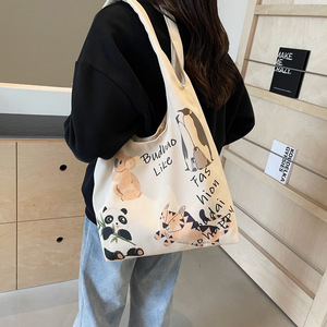 Cute Cartoon Canvas Tote Bag For Women Off White Khaki Fashionable Design Everyday Use Student Commuting Shoulder Bag - Product Image 2
