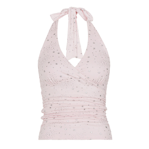 Breathable Knitted Sweet Girly Style Low Plunge V Neck Star Polka Dot Print Halter Top <b>Tie</b> <b>Back</b> Sleeveless Cami for Women - Product Image 6