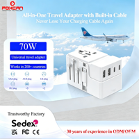 Adaptateur de voyage ignifuge Foxcan GaN 70W 3 USB-C + 2 USB-A PD avec câble pour ordinateur portable, téléphones mobiles, écouteurs et appareil photo
