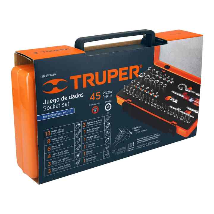 Truper JD-1/4x45m Set di utensili da meccanico 45 pezzi utensili manuali ed elettrici per uso domestico