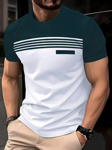 Camiseta de Manga Corta con Cuello Redondo y Estampado de Rayas en Contraste de Color para Hombre, Camiseta Informal de Verano para Hombre - Product Image 4