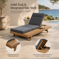 Ensemble de chaises longues d'extérieur en bois d'acacia, écologiques, couleur brun clair, résistantes à l'eau, avec coussins gris foncé pliables en 3 parties de 4 pouces, crème/beige