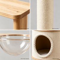 Arbre à chat WoodHaven 112,5 cm en bois d'hévéa massif écologique avec nacelle en sisal et acrylique, boule rotative et perchoirs multi-niveaux en chanvre blanc