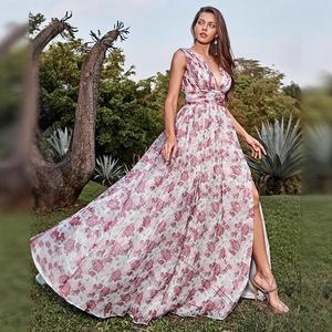 Vestido largo con estampado floral, cuello en V profundo, cintura imperio, ropa informal de verano - Product Image 4