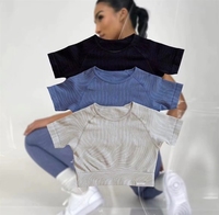 Ensemble de sport deux pièces personnalisé pour femme, respirant, de haute qualité, avec crop top à manches courtes et dos froncé, sans coutures, à compression