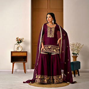 Ensemble de robes de mariée élégantes et fantaisistes pour soirée, chemise à manches longues en strass vintage de luxe 2025, dupatta et sharara - Product Image 1