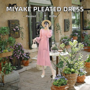 Pink Knitted Midi Dress V-Neck Lantern Sleeve <b>Wrap</b> Belt Casual Daily Women's Loose Fit Spring Solid Color Breathable Style - Product Image 2