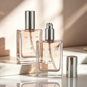 Luxuriöse Quadratische Rechteckige Transparente 50ml 100ml Leere Haaröl-Serum Glasflasche mit Pinsel Silberne Sprühpumpe Box <span class=keywords><strong>KEYO</strong></span> - Product Image 1