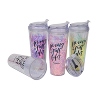 Bouteille d'eau en plastique à double paroi de 710 ml (24 oz) avec paillettes et paille, style classique, idéale pour étudiants, couples et fêtes