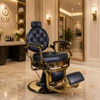 Fauteuil de Barbier Vintage de Luxe Hydraulique Inclinable, Chaise de Salon Dorée et Noire Capitonnée, Mobilier de Barbier Antique