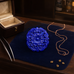 Pierre précieuse en lapis-lazuli sculptée avec un motif floral moghol pour pendentif ou fabrication de bijoux - Élégance éternelle - Collier en pierres précieuses - Product Image 3