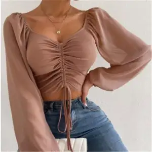 Pitgestikte Chiffon Trekkoord Navel Mesh Lantaarnmouwen Skinny Fashion Vrouwen Blouses Casual V-Hals Kantoor Forensenshirts