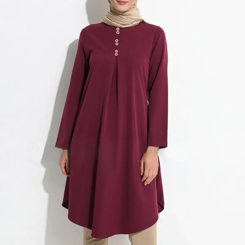 Vintage Red Asymmetrical Swing Dresses Islamic Shirts Maxi Tops Spliced Button Muslim Tunic Tops Long Sleeve Blouses For Women