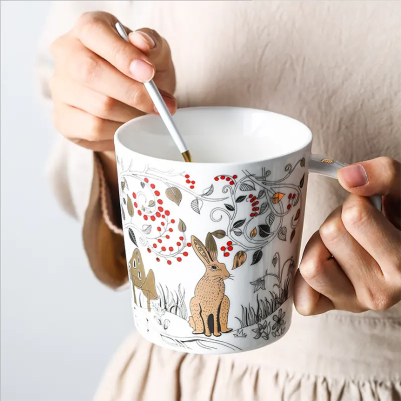 Feichome — tasse à café en céramique avec poignée, impression de fleurs et d'animaux, vente en gros