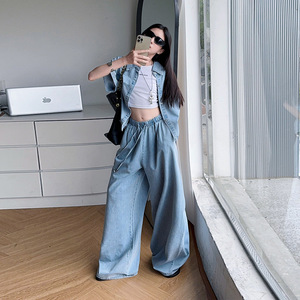 Ensemble 2 pièces pour adolescente 2026 : Chemise <span class=keywords><strong>d</strong></span>écontractée à manches courtes en jean fin bleu clair + Jean large - Product Image 4