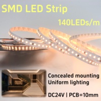 Bande LED uniforme 140 LED DC24V PCB10mm, personnalisable CCT/Longueur 1800K-6500K, bande flexible IP20-68, étanche à la poussière, éclairage décoratif extérieur