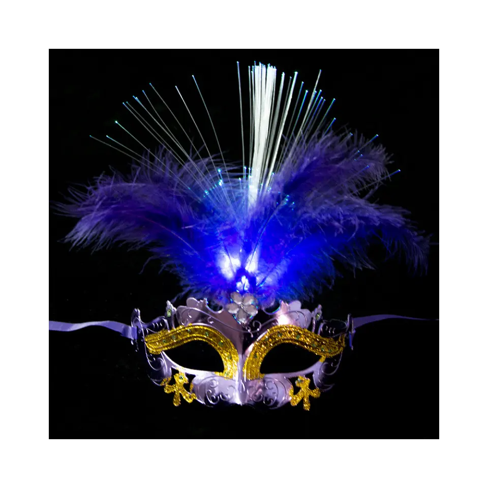 ชุดเดรสแฟนซีสำหรับปาร์ตี้ฮาโลวีนหน้ากากขนนกมีไฟ LED สำหรับบาร์แต่งงานคอสเพลย์