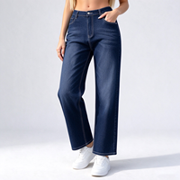 Jean en denim bleu marine taille haute à jambe large pour femme, idéal pour les sorties estivales en bord de mer