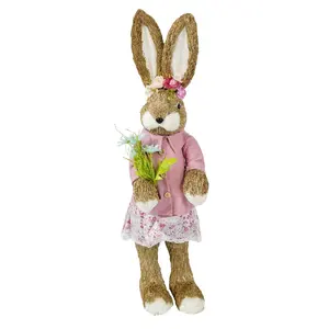 Lapin féminin debout de pâques avec fleurs en main pour la maison, décoration de fête, mode couronne de pâques, mélodie, vente en gros