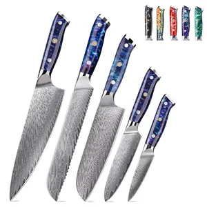 Профессиональные японские 67-слойные Дамасские кухонные ножи с синей ручкой