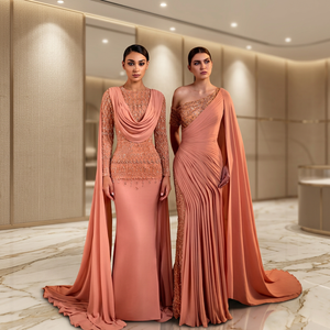 Robe de soirée longue élégante et vintage en satin à manches courtes, coupe droite, avec dentelle en tulle, pour occasions formelles - Product Image 3