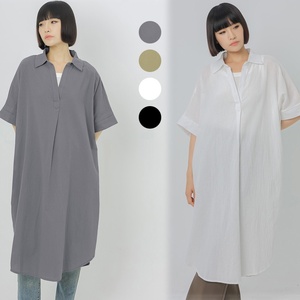 时尚纯色宽松V领女式连衣裙棉麻夏季上衣短袖大码OEM制造商 - Product Image 4
