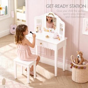 Juego <span class=keywords><strong>de</strong></span> tocador infantil <span class=keywords><strong>de</strong></span> madera blanca con espejo y taburete para dormitorio, tocador <span class=keywords><strong>de</strong></span> maquillaje infantil con diseño festoneado para niñas pequeñas - Product Image 4