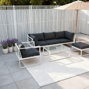 Ensemble de canapé d'extérieur moderne 5 pièces avec ottoman et table basse en verre, structure en aluminium, mobilier de salon décontracté minimaliste personnalisé - Product Image 1