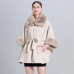 European American Ladies Inverno Quente Casaco Oversized Mulheres Faux Fur Collar Cape Stoles Poncho Cape Shawl Wrap