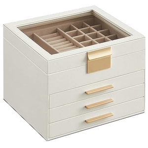 Caja de Almacenamiento de Joyas para Collares de Gran Capacidad Personalizada para Mujer, con Tapa de Vidrio, Tres Niveles, Terciopelo, Cuero PU, Caja de Regalo - Product Image 1