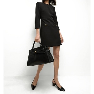 Nouvelle robe de bureau formelle de haute qualité pour femmes, à manches longues, col rond, mini-robe avec détail de poche à bouton doré - Product Image 3