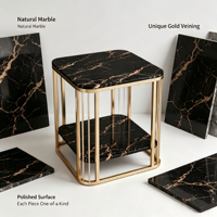 Table d'appoint à deux niveaux en marbre Nero Marquina de luxe avec cadre en métal noir minimaliste, meubles de salon écologiques et durables