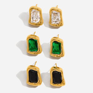 Fashion <b>Stud</b> <b>Earrings</b> 18K Gold Plated Stainless Steel <b>Black</b> Zircon Geometric Square Bezel Setting Jewelry For Women - Product Image 1