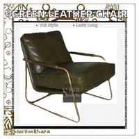 Chaise d'Appoint en Cuir Véritable Vert Antique OEM ODM Cadre Métallique Fauteuil Confortable à Dos Tufté pour Salon et Chambre à Coucher Maison