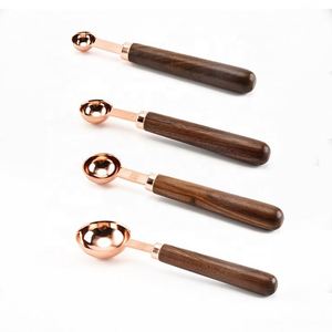 Ensemble de 4 cuillères et tasses à mesurer en acier inoxydable plaqué cuivre avec manche en bois - Product Image 1